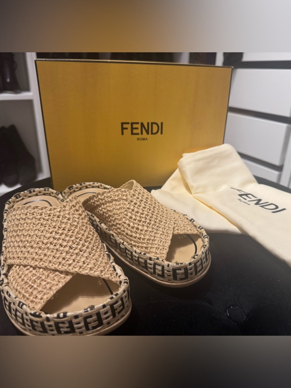 Fendi Beige Raffia Slide Sandals